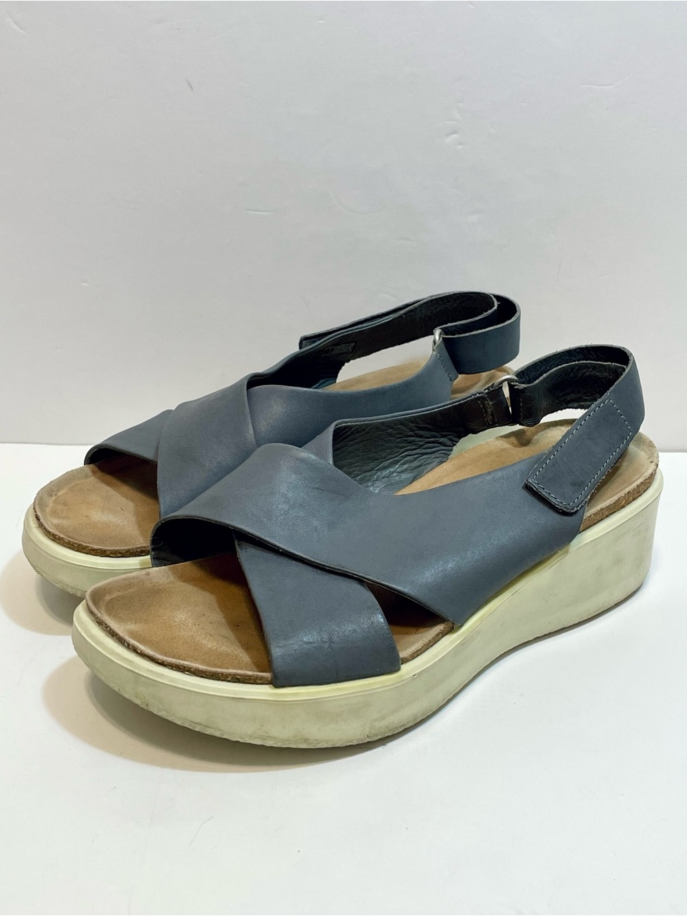 ECCO Corksphere Wedge Sandals Grey Leather Platform 38 / 7-7.5